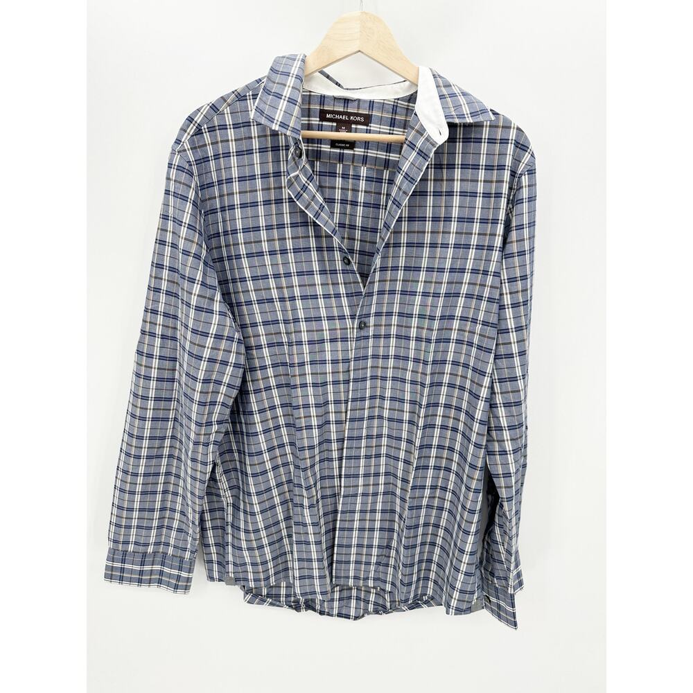 Michael Kors‎ Mens Classic Fit Blue Plaid Dress Shirt Size M Work Career Casual